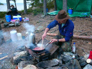 Preparation and cooking of evening meal - starter, main courses and pudding -  vegetarian and carnivore options.